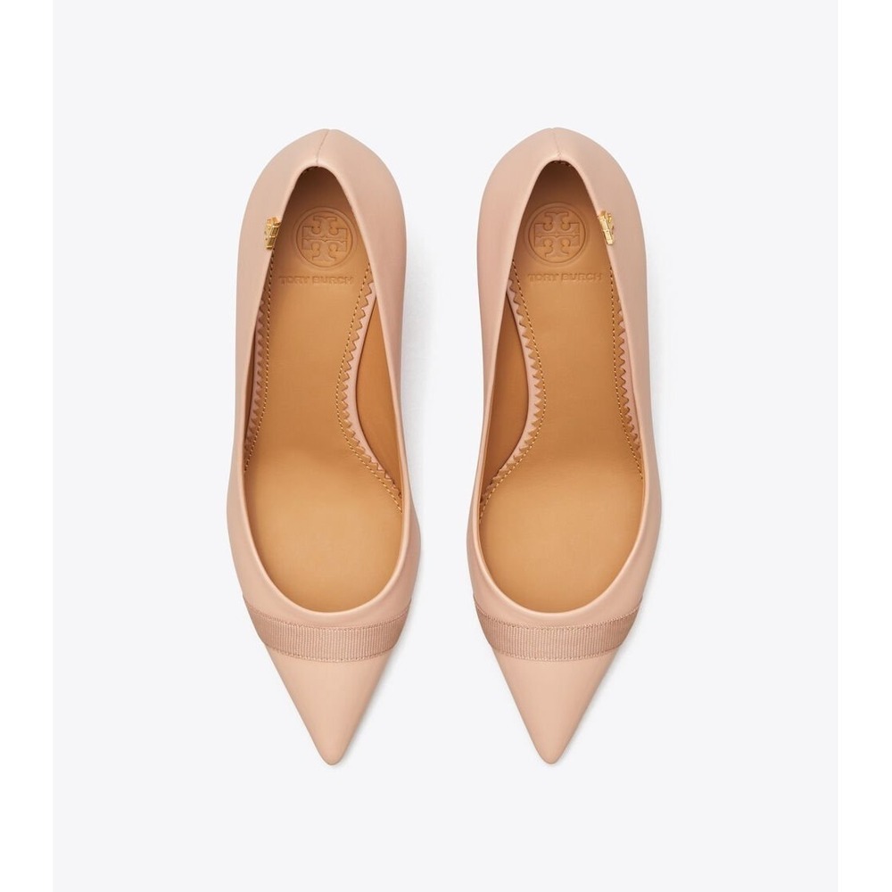 Tory Burch Chelsea Cap-Toe Pumps Blush Pink Leather Gold Logo Heels 8 - Picture 2 of 11